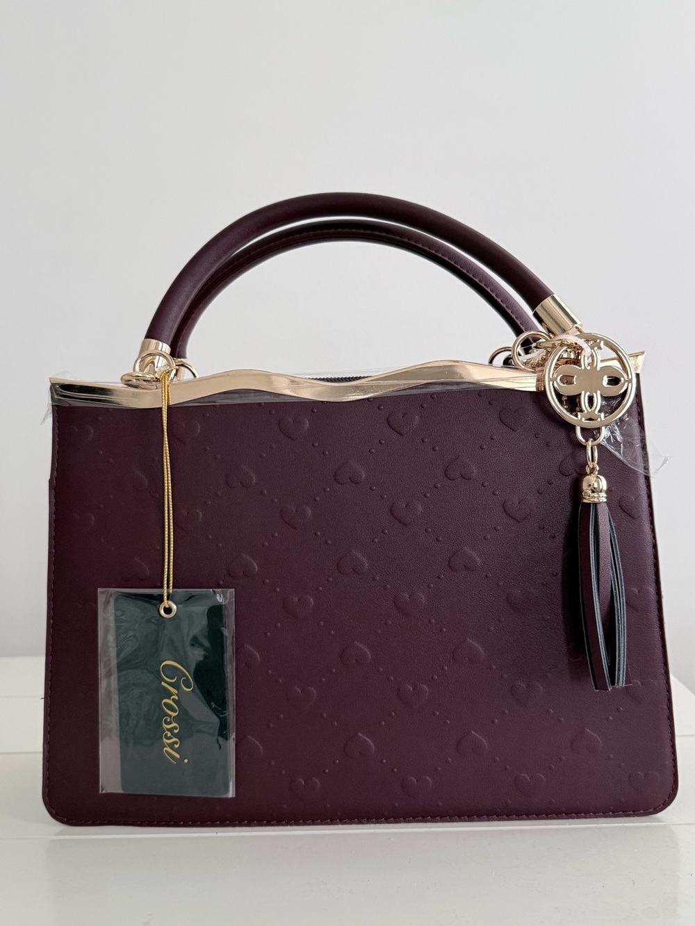Crossi Top-Handle Bag in Deep Burgundy with Gold Hardware and Detachable Strap